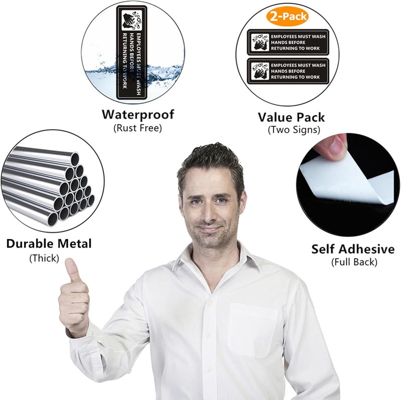 MongFun Employees Must Wash Hands Before Returning to Work Sign, (2 Pack) Self-adhesive Aluminum Signage for Business Bathroom, 9 x 3 Inch Metal Signs for Public Restroom Restaurant and Hotel (Black/White) - Image 4